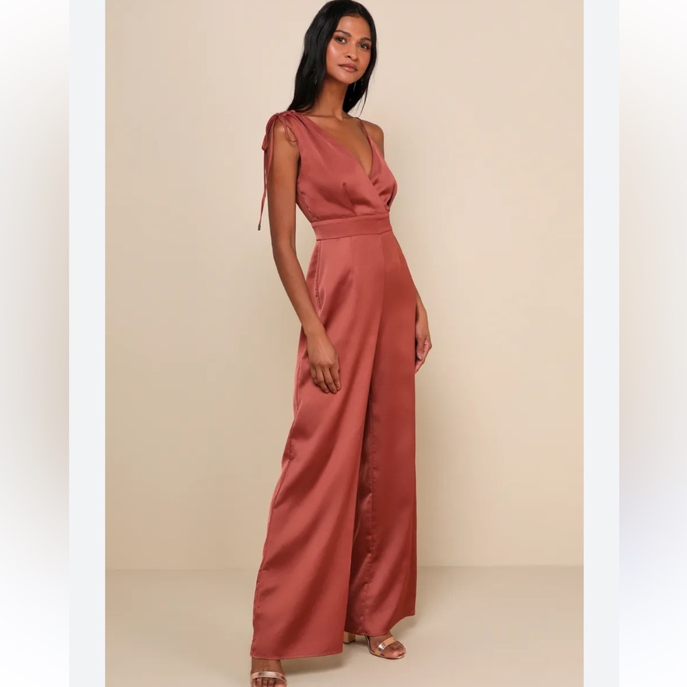 Lulus Look of Luxe Rusty Rose Satin Asymmetrical
Wide-Leg Jumpsuit Size S